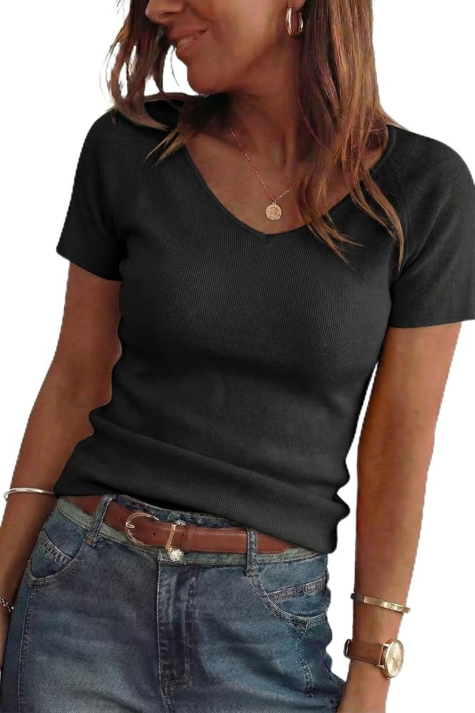 Arach&Cloz Women's 2026 Wool Blend Spring Summer Tops V Neck Short Sleeve Sweater Shirts Pullover Lightweight Soft Cozy Slim Fit Cashmere Stretchy Business Casual Outfits Work Tops Trendy Black M at Amazon Women\u2019s Clothing store | Amazon (US)