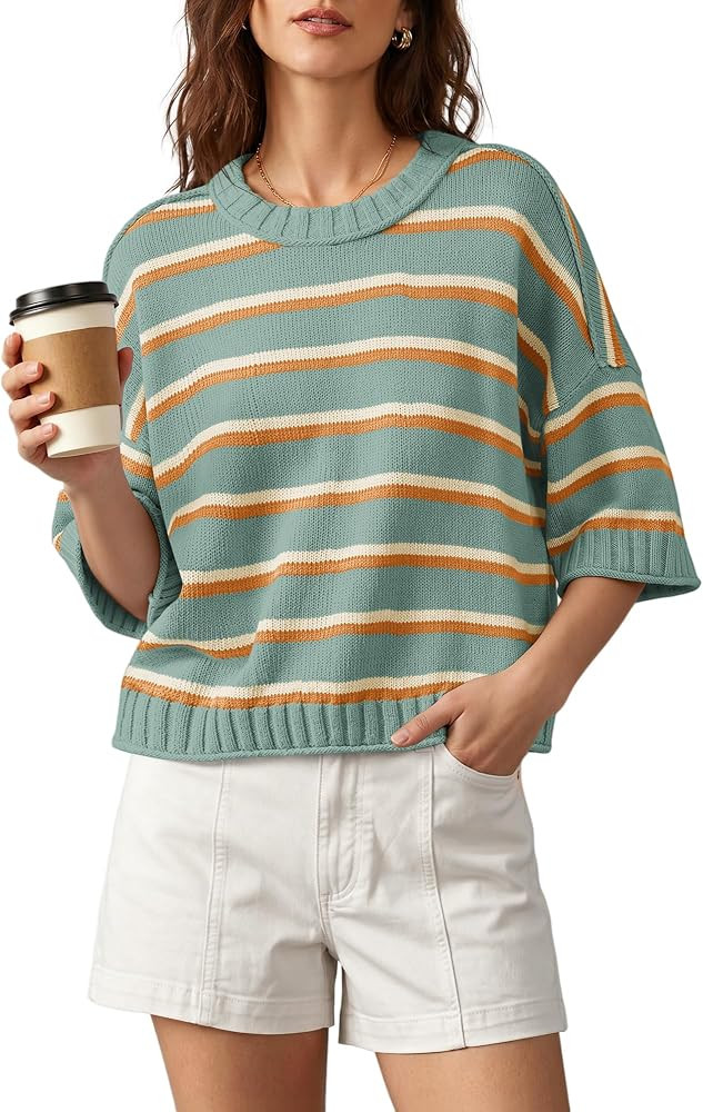 Nirovien Womens Short Sleeve Striped Sweater Crewneck Knitted Fall Sweaters | Amazon (US)
