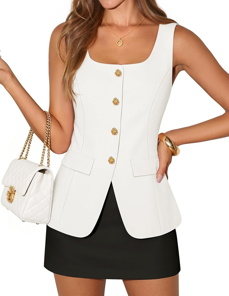 ZESICA 2026 Summer Casual Sleeveless Suit Vest for Women Square Neck Button Down Work Business Bl... | Amazon (US)