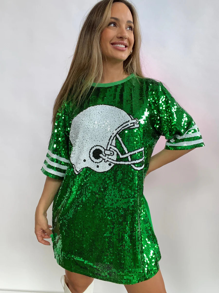 Sequin Helmet Game Day T Shirt Dress- Green And White | Willow Boutique
