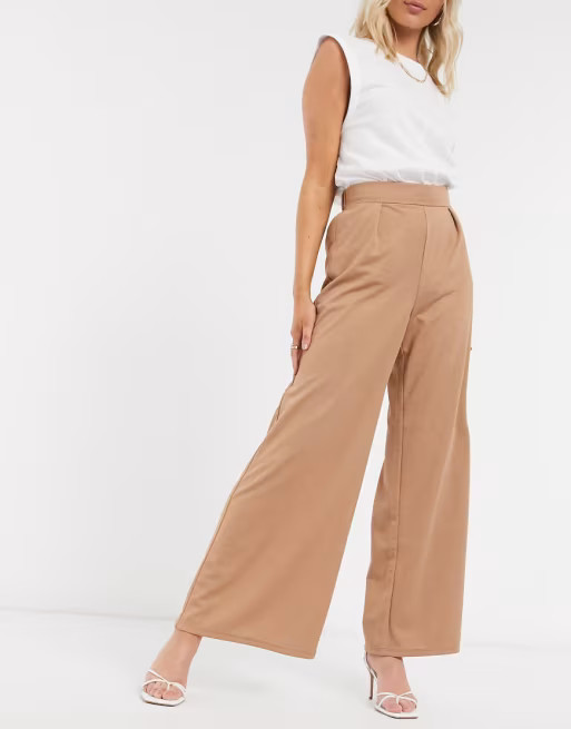 River Island wide leg crinkle co-ord trousers in tan | ASOS (Global)