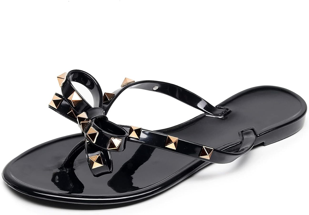 Studded Jelly Shoes for Womens Bow Flip Flops Jellies Sandals Flat Black Summer Beach Thong with ... | Amazon (US)