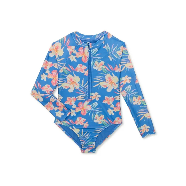 Wonder Nation Girl's Long Sleeve Front Zip Hibiscuc Swimsuit, 1-Piece, Sizes 4-18 & Plus | Walmart (US)