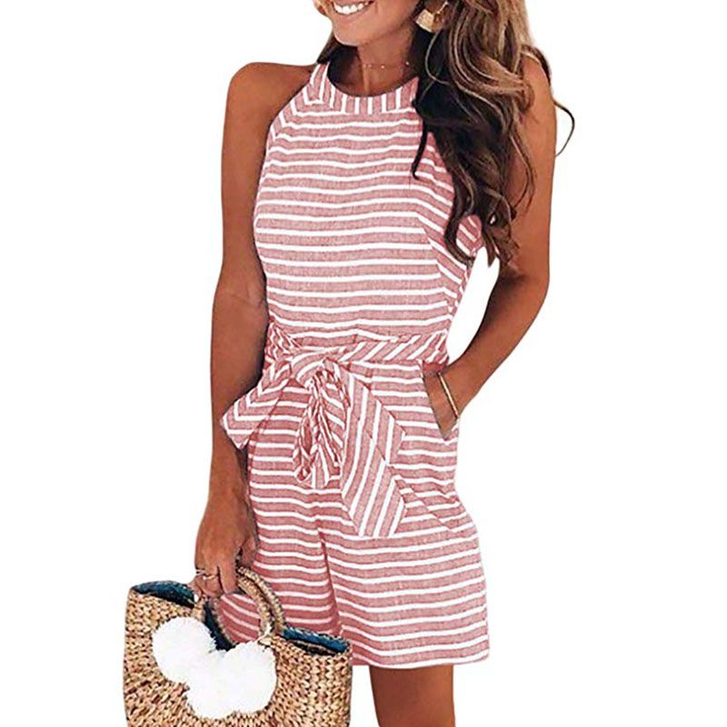 Women's Casual Striped High Neck Sleeveless Wide Leg Belted Rompers Jumpsuits with Pockets | Walmart (US)
