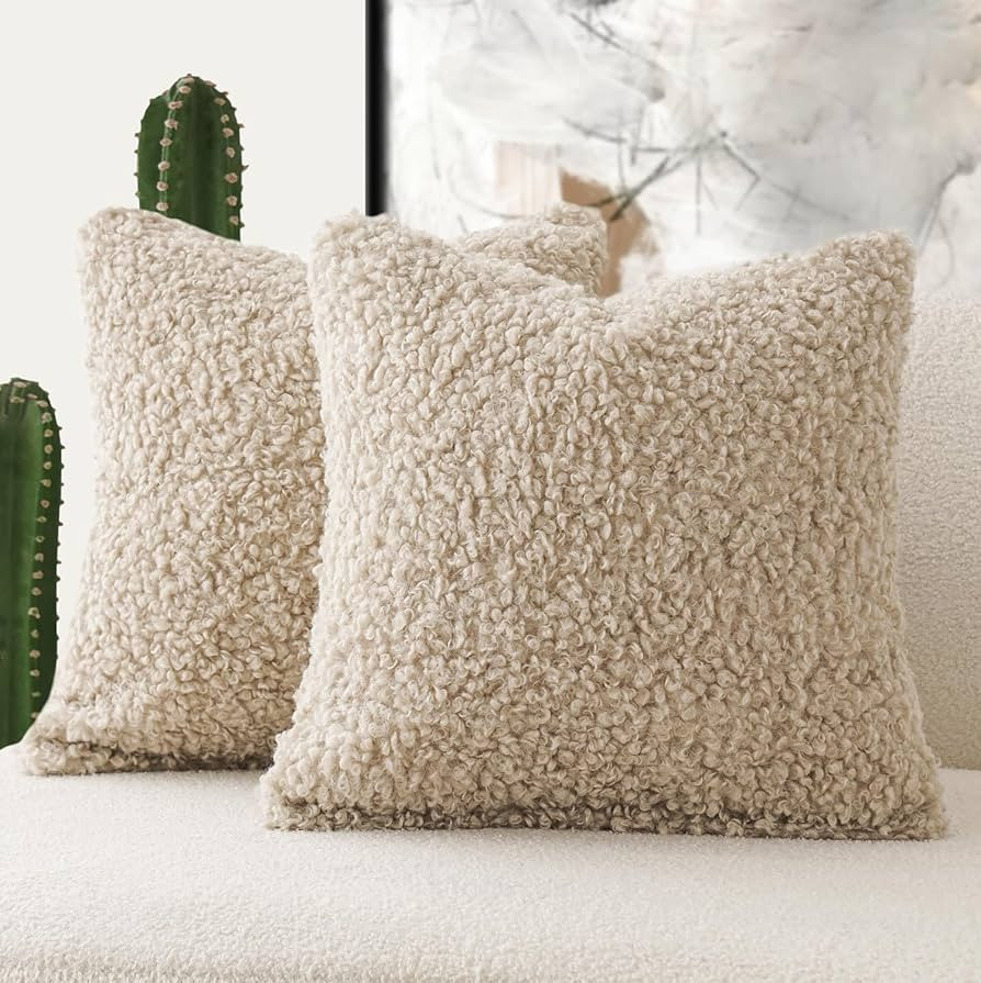Foindtower 2 Pieces 20x20 Inch Light Khaki, Faux Fur Throw Pillow Cover Accent Sherpa Pillow Fuzz... | Amazon (US)