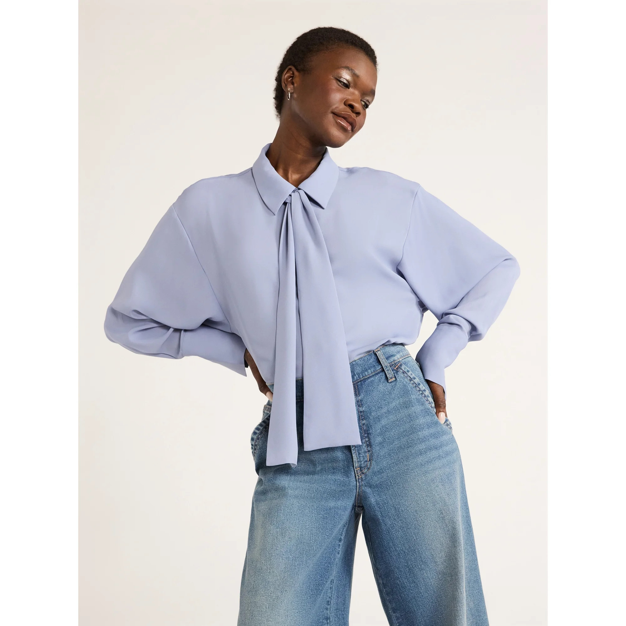 Scoop Women's Tie Neck Shirt with Long Sleeves, Sizes XS-XXL | Walmart (US)