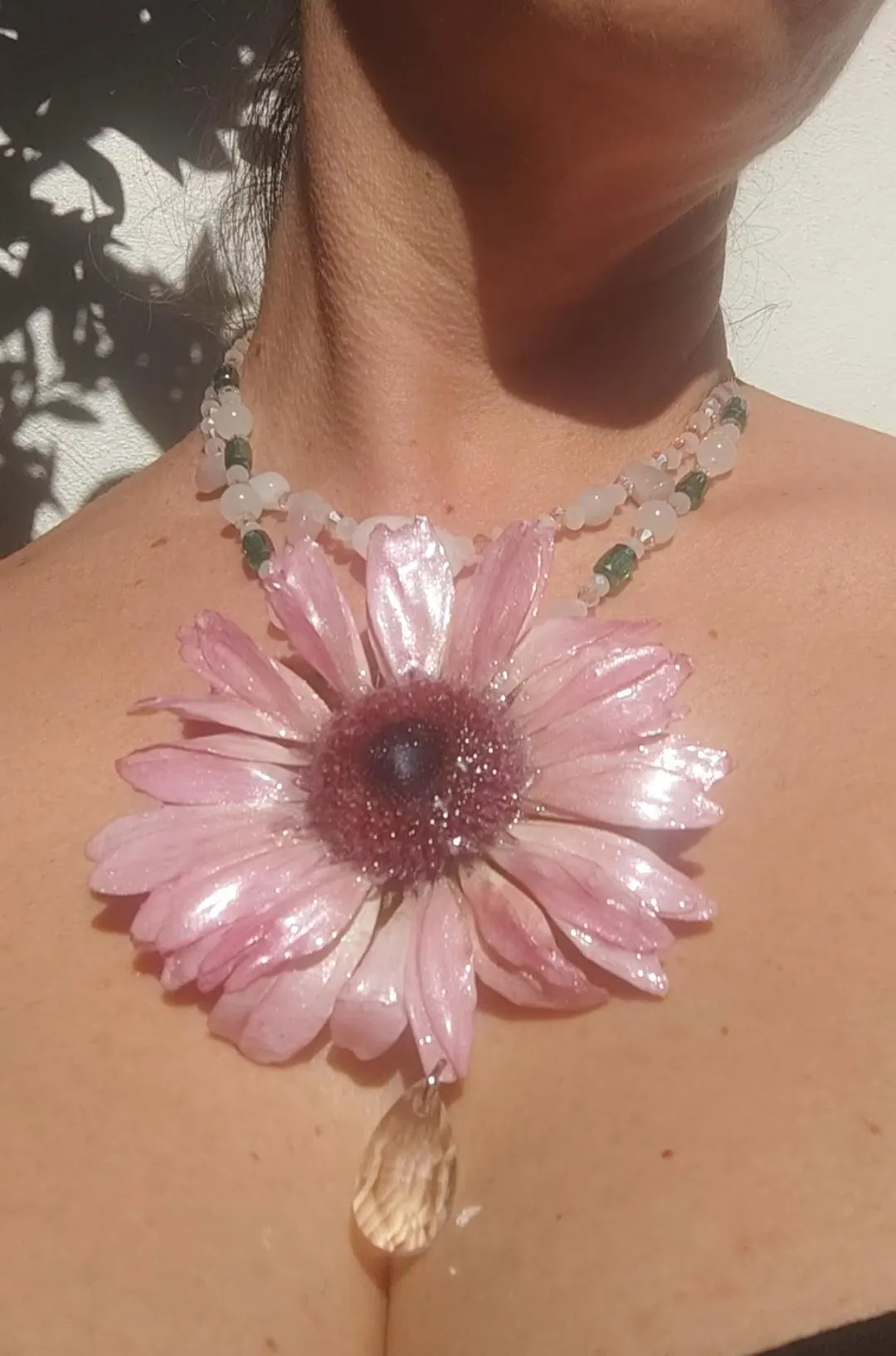 2-in-1 Double Necklace with Real Pink Gerbera Flower in Resin, Rose Quartz and Faceted Crystal. H... | Etsy (US)