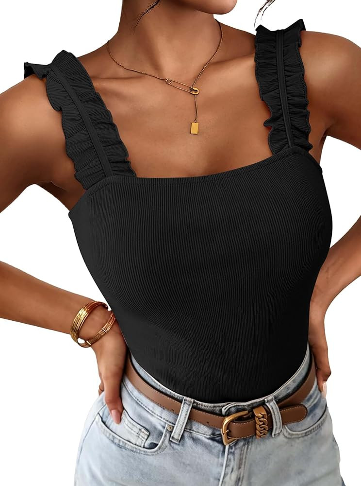 Remidoo Women Ruffle Strap Tank Top Square Neck Fitted Sleeveless Ribbed Knit Top | Amazon (US)