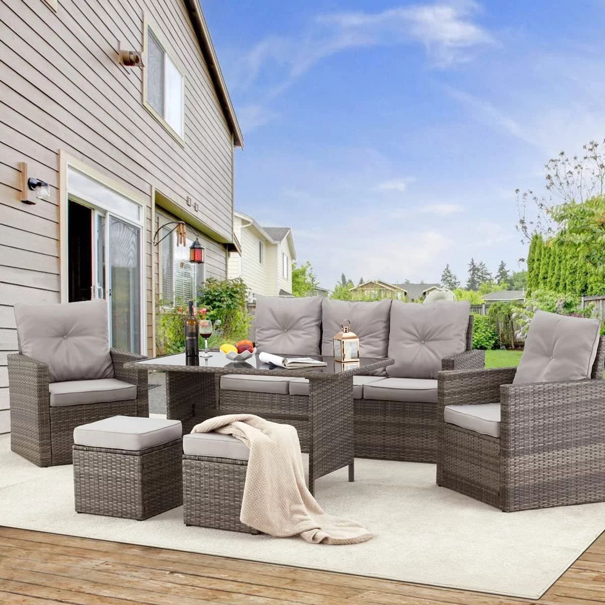 Erommy 7 Seats Outdoor Dining Set, Conversation Set, Wicker Rattan Outdoor Sofa Set,Gray - Walmar... | Walmart (US)