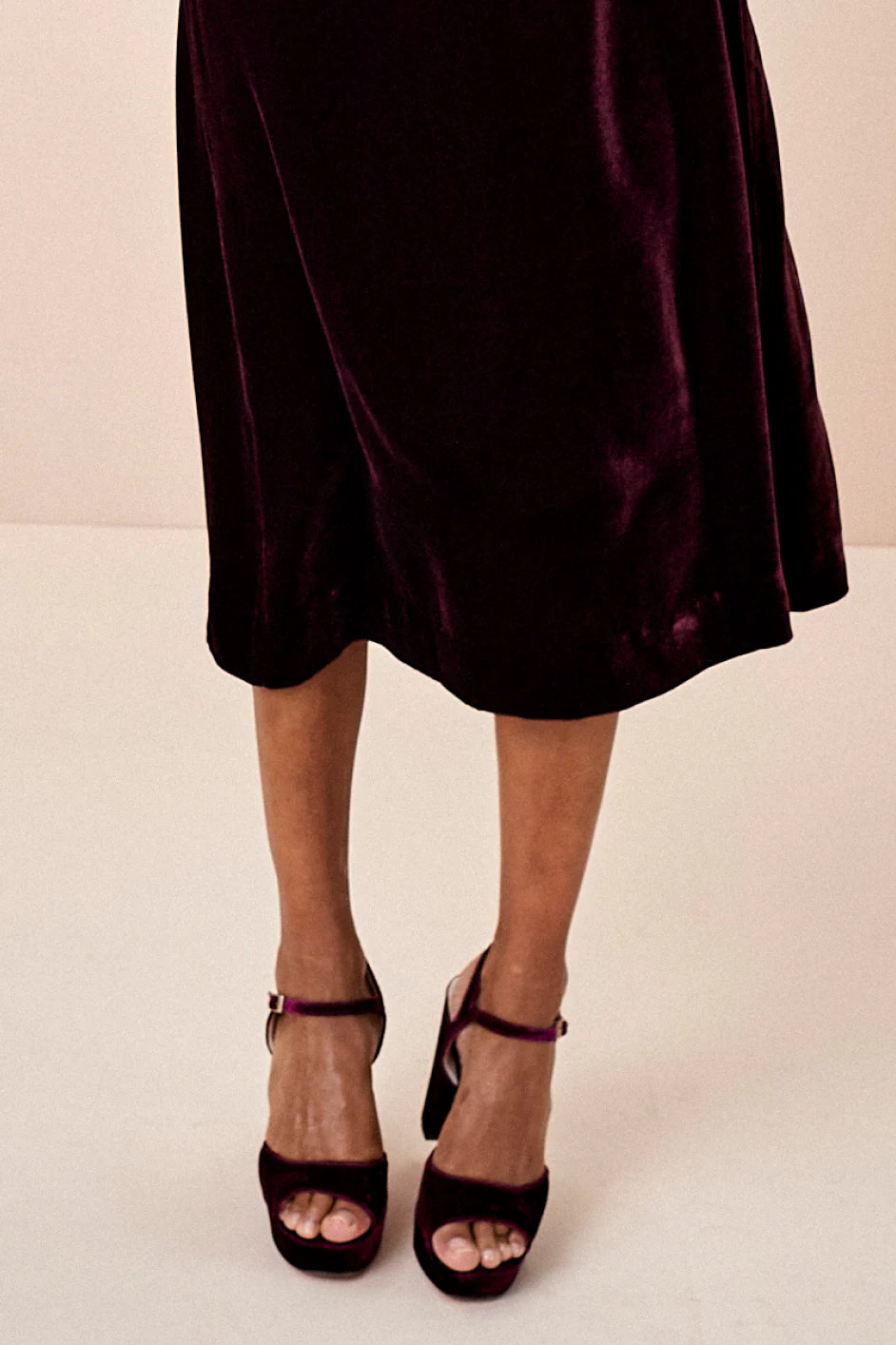 Betty High Heel Peep Toe Sandal - Deep Fig Velvet | WYSE London