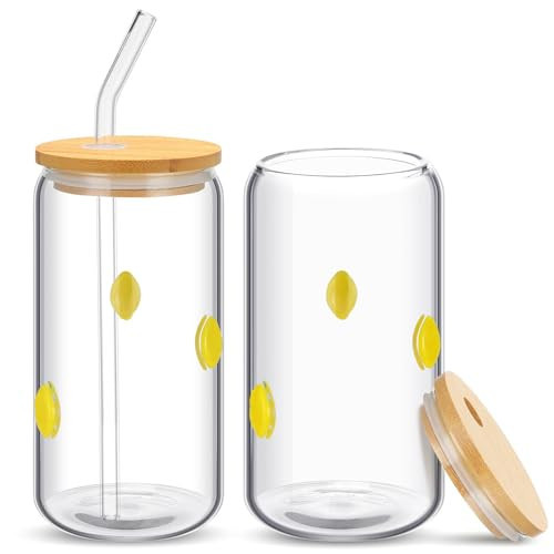 Honeydak 2 Pcs Icon Juice Glass Tumbler with Lid & Straw - 18 oz Lemon Icon Glass Cups Coffee, Beer, Soda Can Shape Drinking Cups for Halloween Christmas Party Gifts | Amazon (US)