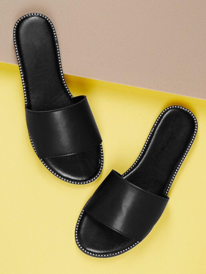 Women Stud Accents Band Slip On Mule Sandals, Elegant Solid Outdoor Slide Sandals | SHEIN
