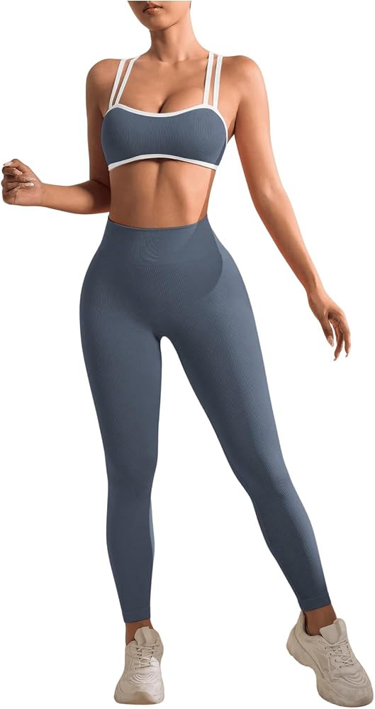 SHENHE Women's Seamless Workout Set Cross Back Sports Bra High Waist Leggings 2 Piece Tracksuit | Amazon (US)