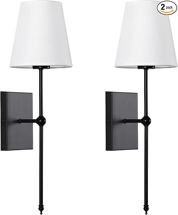 Set of 2 Slim Wall Sconces with White Fabric Shade, Matte Black Base Indoor Wall Light Fixtures f... | Amazon (US)