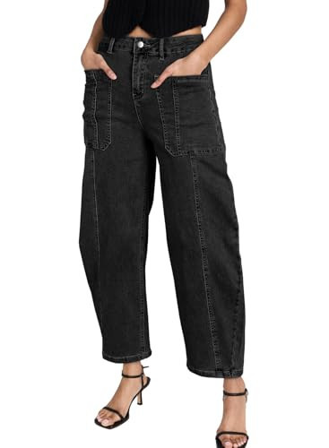 EVALESS Barrel Jeans for Women High Rise Wide Legged Baggy Fashion Y2K Trendy Jeans Black Size 16 | Amazon (US)