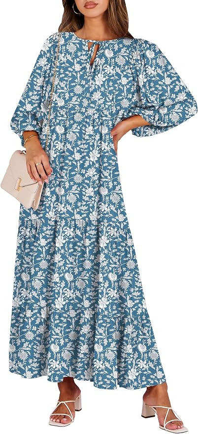 ANRABESS Womens Boho Floral 3/4 Puff Sleeve Maxi Dress | Tiered Flowy Loose Fit, Comfy Soft Rayon... | Amazon (US)