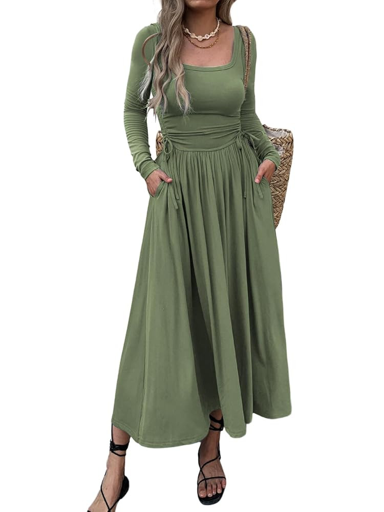 Women’s Long Sleeve Square Neck Maxi Dress Adjustable Waist Tie Casual Flowy A-Line Pleated Dre... | Amazon (US)