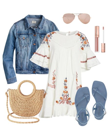 Embroidered white summer baby doll dress from Free People styled with a denim jacket, blue chambray lace up flat sandals, woven tote and aviator sunglasses.  Summer Outfits.  How to style a summer dress. #styledbyme #getreadywithme #grwm #virtualstylist #freepeople

#LTKFindsUnder50 #LTKOver40 #LTKStyleTip