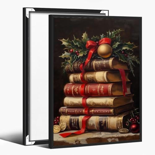 Vintage Christmas Book Wall Decor, Rustic Xmas Books Art Posters, Dark Academia Moody Canvas Christmas Prints, Farmhouse Still Life Christmas Pictures Painting for Living Room 24x36inch black framed | Amazon (US)