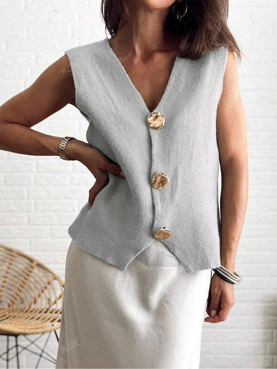 Women's New Style V-Neck Sleeveless Irregular Metal Button Down Mid-Shot Vest, Fashionable Busine... | SHEIN