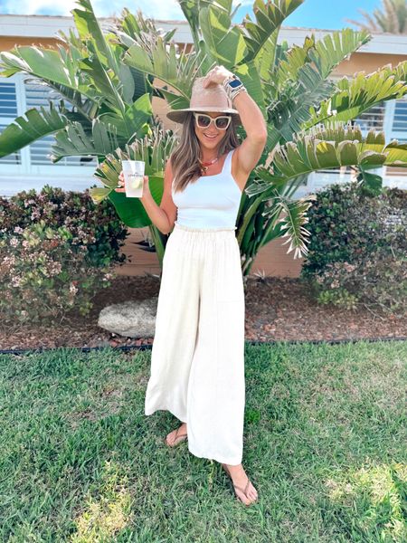 In a size small in bodysuit
Denim shirt in small 
My favorite linen pants for spring and summer on Amazon prime in a size medium Brixton straw hat and flip flops 