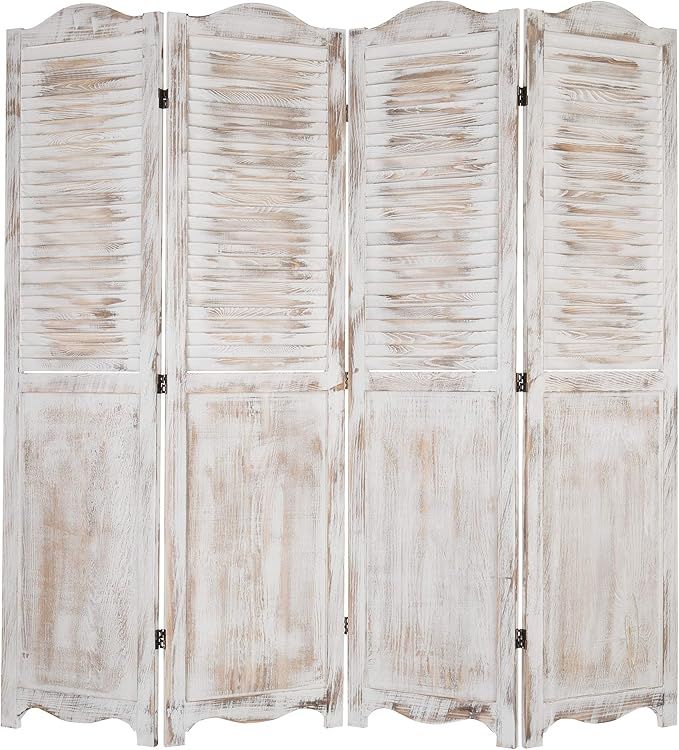 MyGift Room Divider, 4-Panel Antique Whitewashed Wood Louvered Shabby Chic Home Decor Dressing Sc... | Amazon (US)