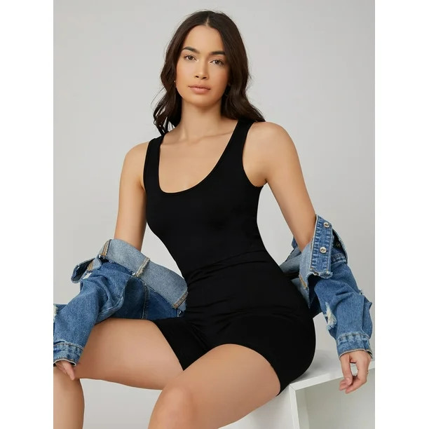 Black Women's BASICS Solid Form Fitted Unitard Romper M(6) S043E - Walmart.com | Walmart (US)