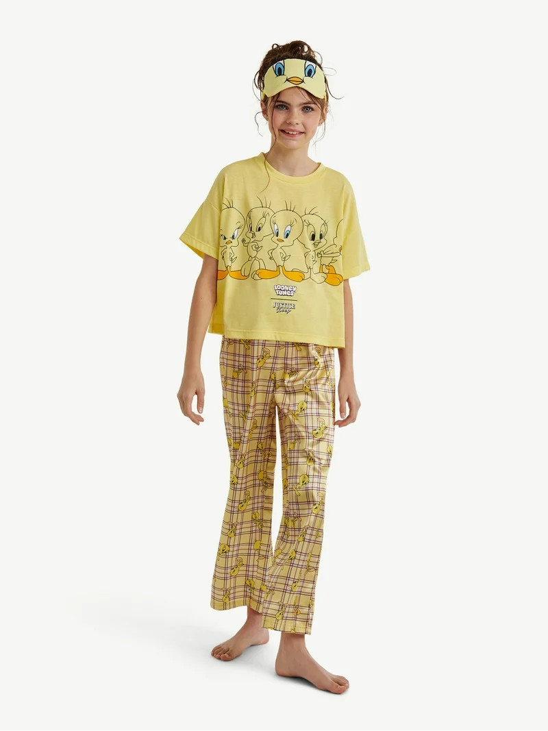 Looney Tunes X Justice Girls Short Sleeve Sleep Top and Sleep Pants with Eyemask, 3-Piece, Sizes ... | Walmart (US)