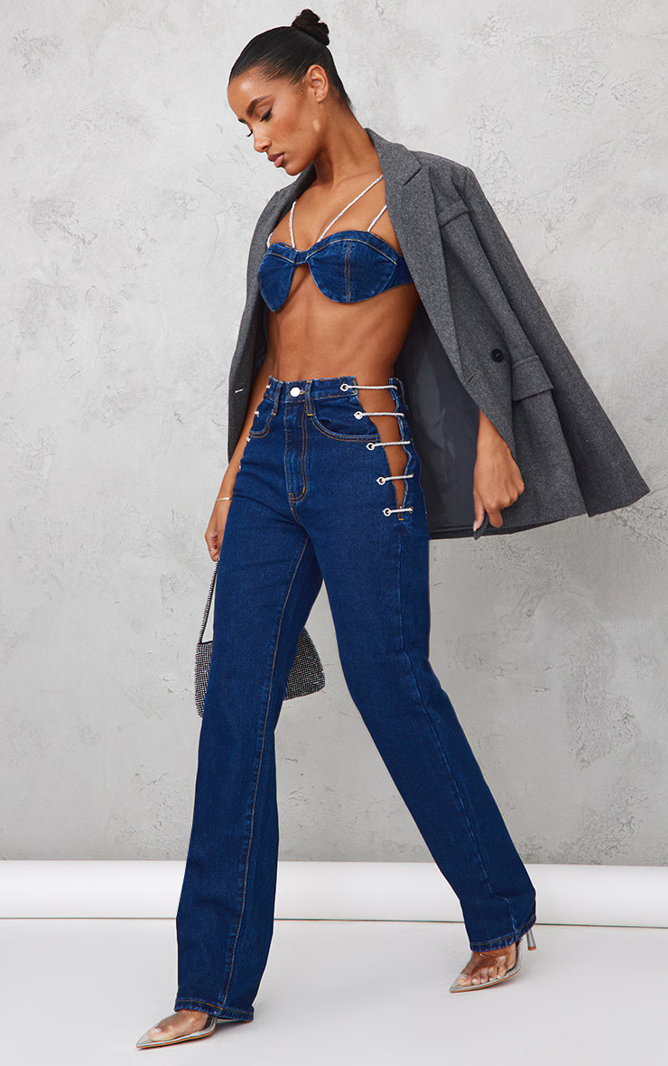 Dark Blue Wash Diamanté Lace Up Side Detail Jeans | PrettyLittleThing US