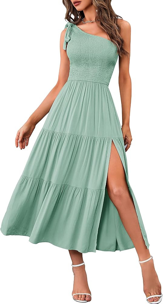 MEROKEETY Women's Summer One Shoulder Sleeveless Knot Smocked Midi Dress Split Tiered Flowy Dress... | Amazon (US)