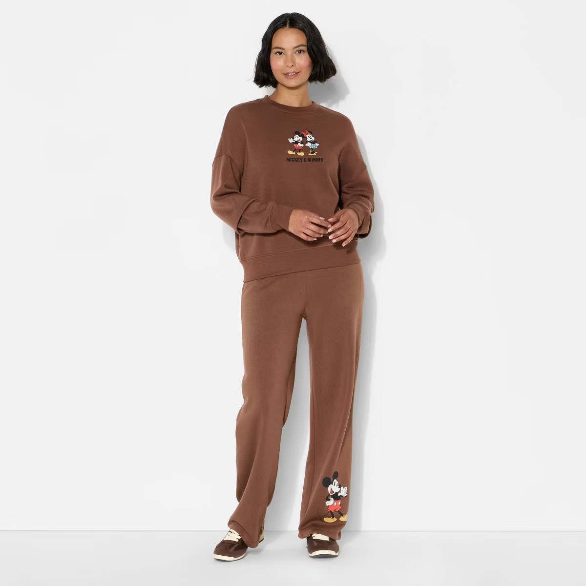 Women's Mickey Mouse Fleece Graphic Pullover Sweatshirt - Brown M | Target