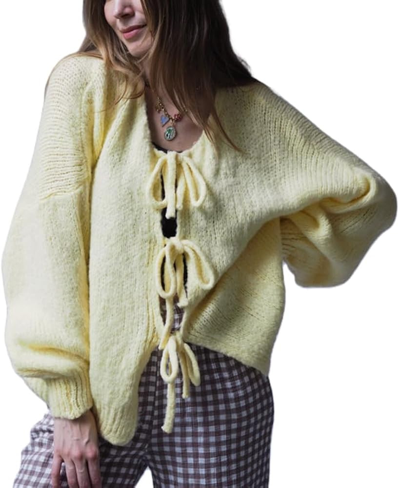 Women Tie Front Oversized Knitted Cardigan Y2k Girls Knitwear Sweater Top Lantern Sleeve Open Fro... | Amazon (US)
