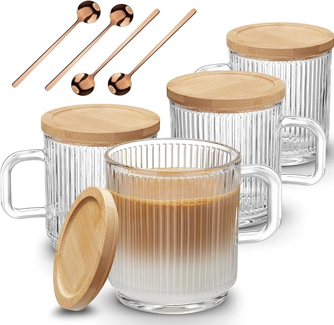 Mfacoy 4 PACK Glass Coffee Mugs with Handle & Spoon, 12 OZ Glass Coffee Cups with Bamboo Lid, Rib... | Amazon (US)