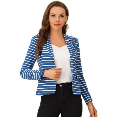 INSPIRE CHIC Women's Notched Collar Long Sleeve Button Front Striped Blazer X-Small Blue White | Target