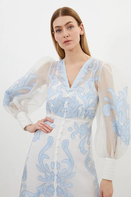 Applique Organdie Buttoned Woven Midi Dress | Karen Millen US