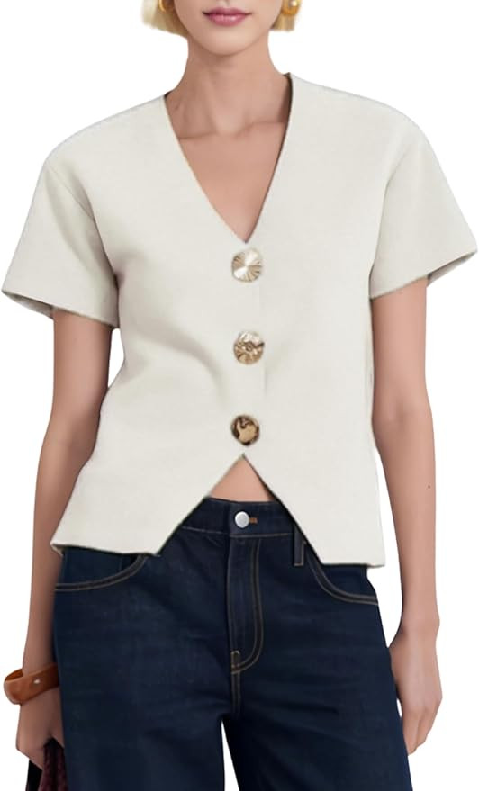 Daacee Women’s Short Sleeve Cardigan Sweaters Trendy V Neck Snap Gold Buttons Structured Croppe... | Amazon (US)