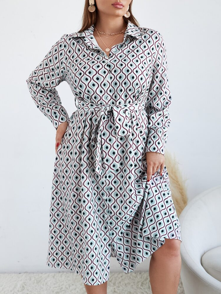Plus Wave Stripe & Geo Print Belted Shirt Dress | SHEIN