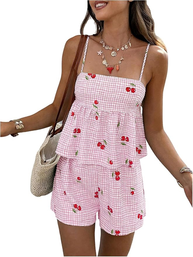 Women's 2 Piece Shorts Sets Gingham Bow Tie Back Babydoll Tops and Boxer Shorts Summer Vacation O... | Amazon (US)
