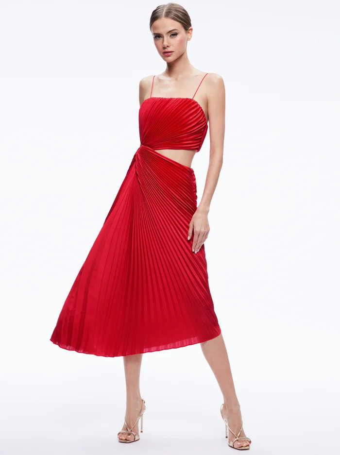 FAYETH CUT OUT ASYMMETRICAL HEM MIDI DRESS | Alice + Olivia