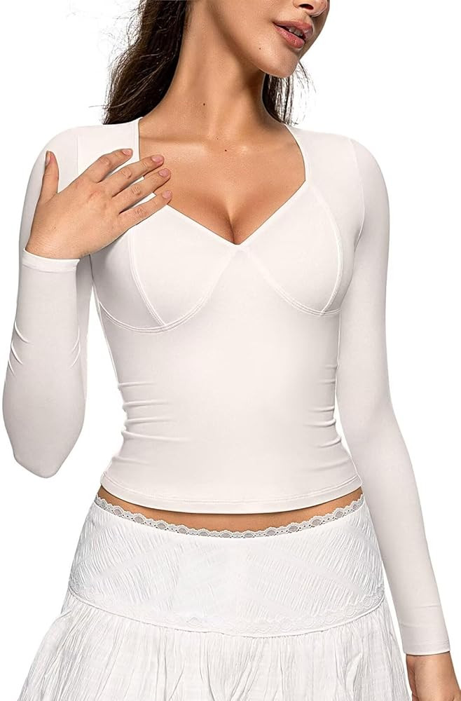 Vertvie Women's Long Sleeve V Neck T Shirts Cute Double Lined Basic Top Slim Fitted Y2k Going Out... | Amazon (US)