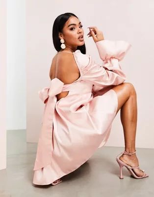 ASOS LUXE satin baby doll dress with bow in pale pink | ASOS (Global)