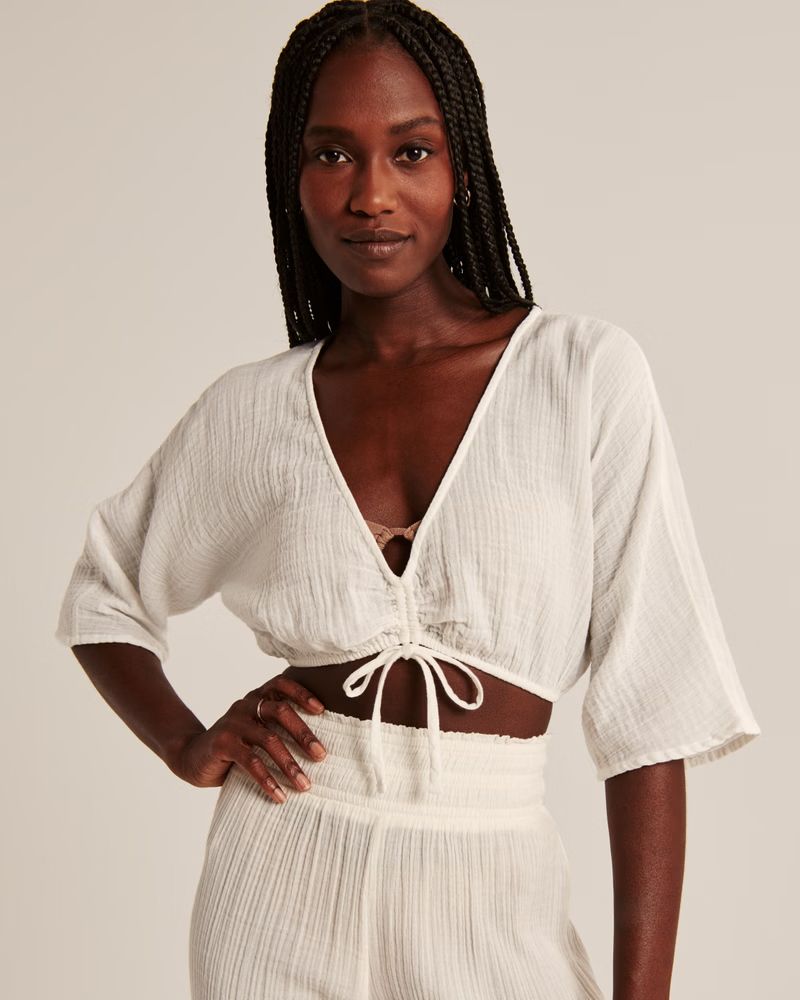 Cropped Gauzy Beach Cinched Coverup Top | Abercrombie & Fitch (US)