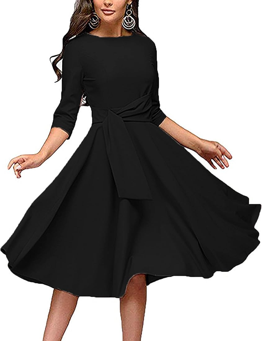 FENJAR Womens Elegance Audrey Hepburn Style Ruched 3/4 Sleeve Midi A-line Dress | Amazon (US)