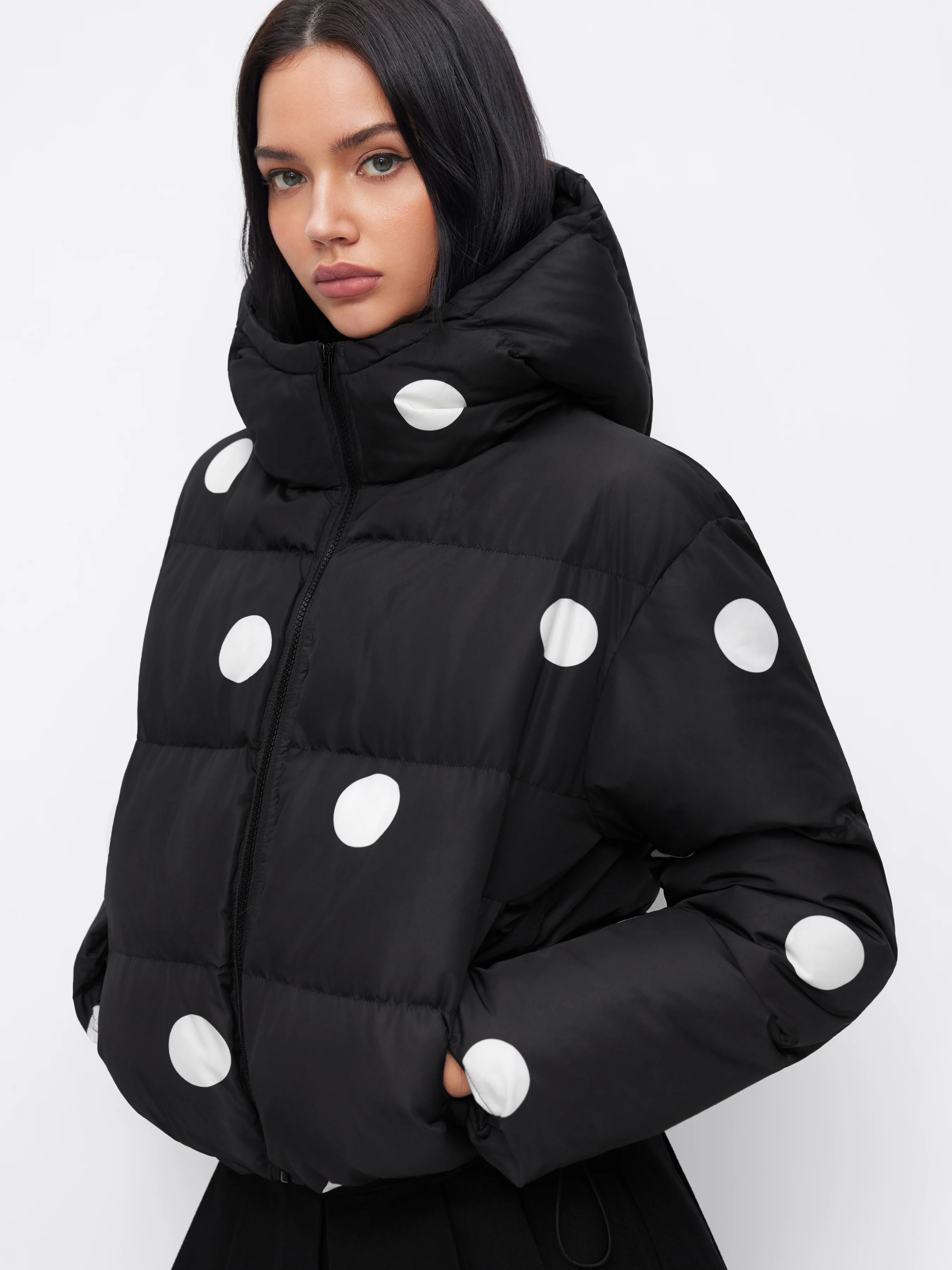 Polka Dot Zip Through Hooded Oversized Crop Puffer | Cider