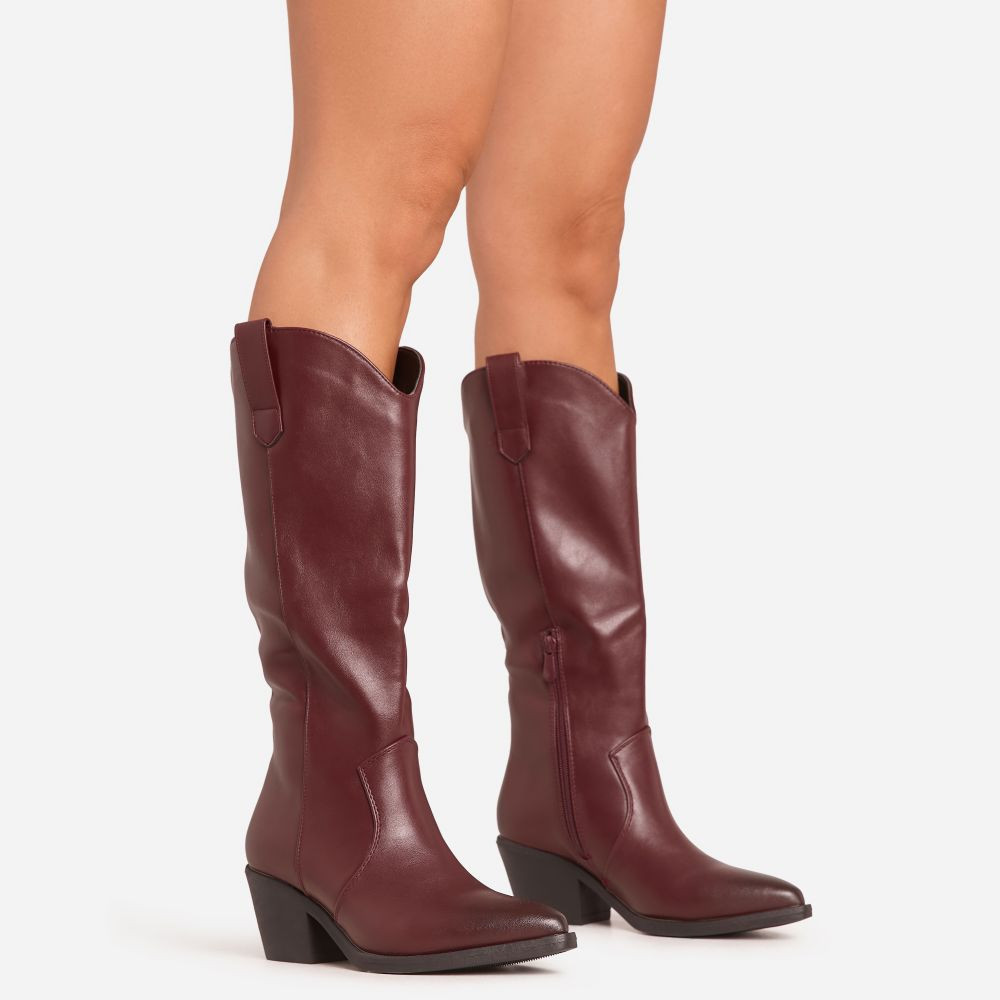 Traveller Pointed Toe Mid Calf Western Cowboy Boot In Burgundy Faux Leather | EGO Shoes (US & Canada)