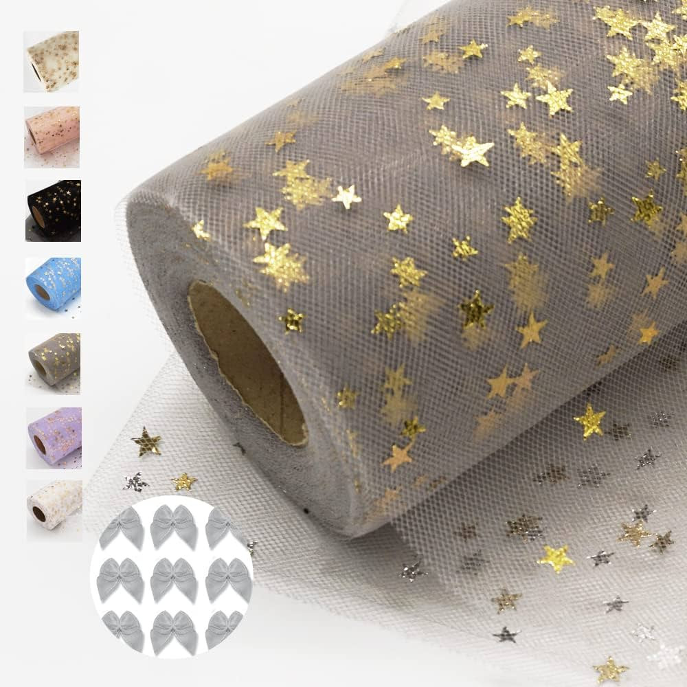 Gray Glitter Tulle Rolls with Foil Stars 6 Inch by 50 Yards Sparkle Fabric Ribbon for DIY Tutu Sk... | Amazon (US)