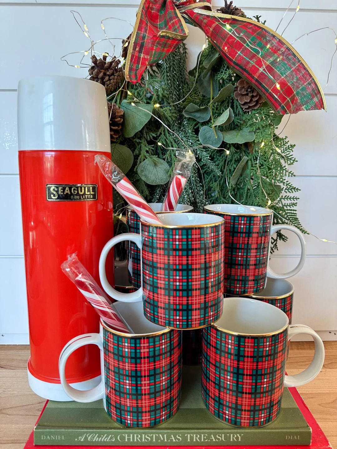 Set of 8 10oz Vintage Christmas Tartan Plaid Gold Rim Coffee, Hot Chocolate Cocoa Mugs by Lillian... | Etsy (US)
