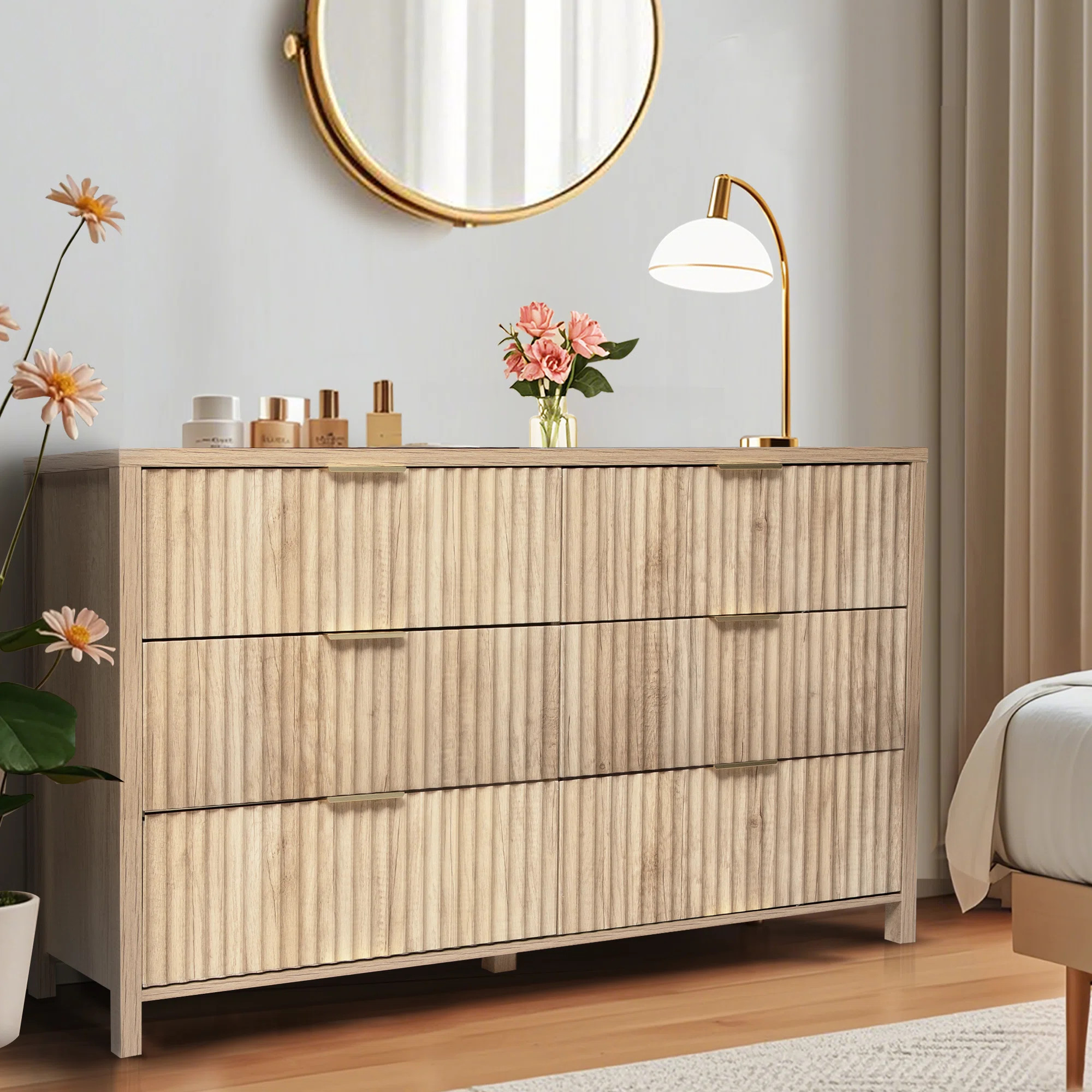 Ebern Designs 6 Drawer Dresser with Fluted Panel, Wide Chest of Drawers, Curved Wooden Dresser fo... | Wayfair North America