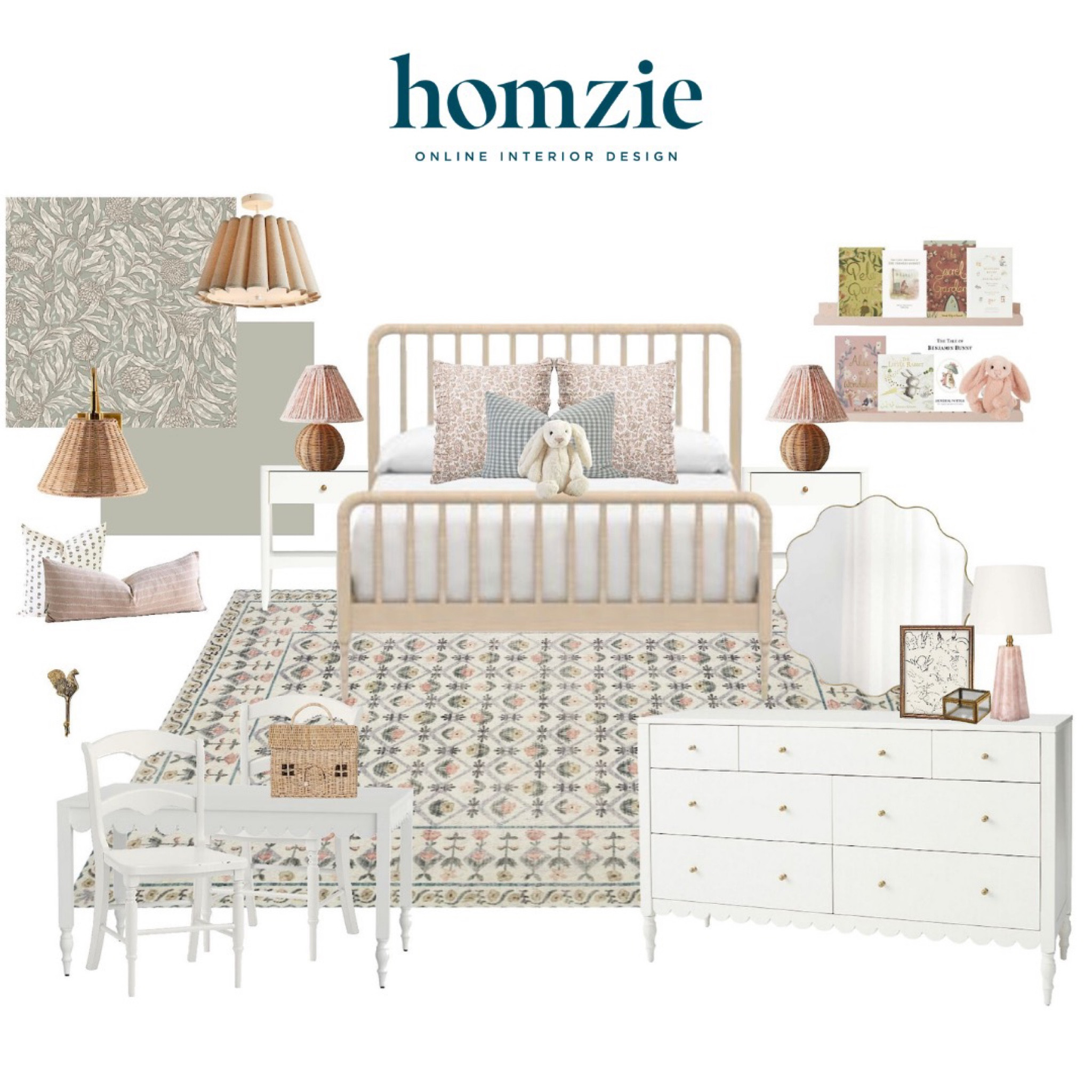 We loved designing this modern cottage little girls bedroom our virtual interior design client. This space features scalloped bookshelves, spindle bed, white dresser, blush and sage green throw pillows, large wavy mirror, and kids play table  

Work 1:1 with a Homzie virtual interior designer for a low flat-rate and receive a custom, shoppable decorating plan! - all online.  Get started homziedesigns.com/work-with-us


#LTKStyleTip #LTKHome #LTKKids