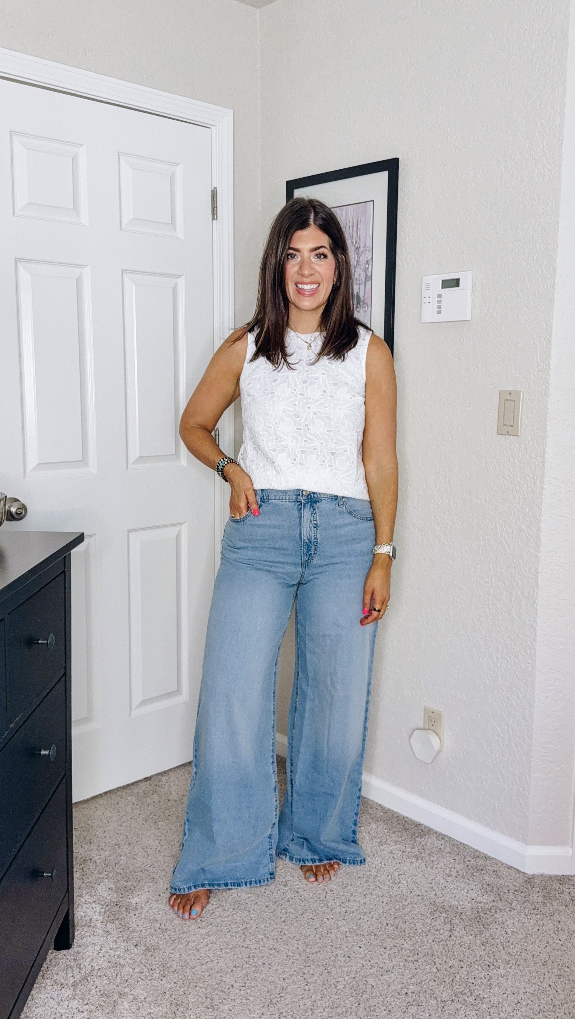 Affordable summer outfits
In a medium eyelet too (could size down)
In an 8 REGULAR LENGTH wide leg jeans 

#LTKMidsize #LTKStyleTip #LTKFindsUnder50